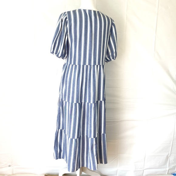 Old Navy Puff-Sleeve Tiered Midi Swing Dress in Blue Striped Small S Pockets - Picture 6 of 15